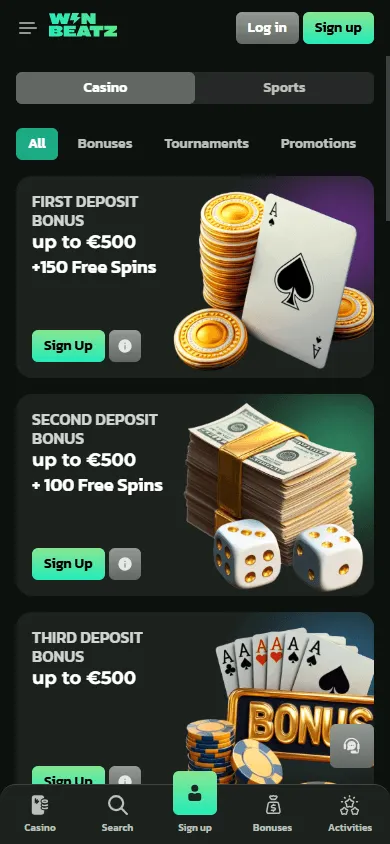 Winbeatz Casino mobile promotions area
